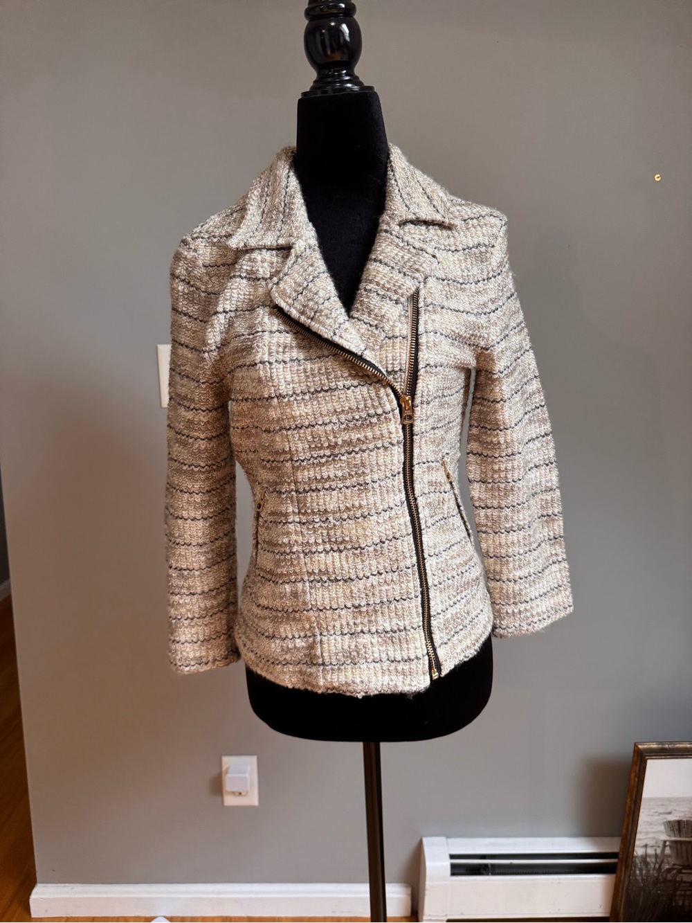 Lucky Brand Cream Textured Asymmetrical Zip Jacket